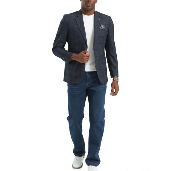 Navy Windowpane Notch Lapel Slim Fit Tazzio Men's Jacket - Picture 3 of 3